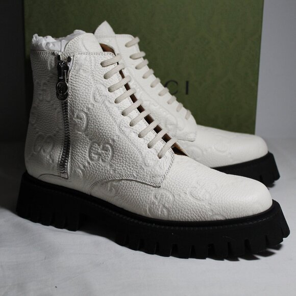 NWB Gucci GG Leather Lace Up Off White Ankle Boots Bootie 40 751712 - Picture 1 of 9